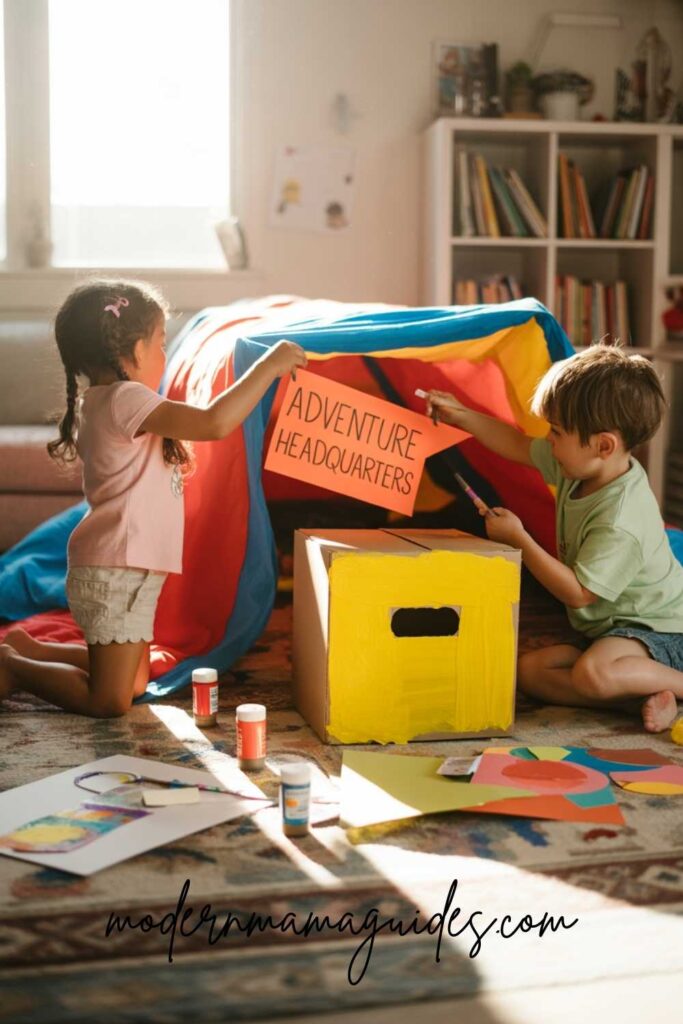 Kids building a blanket fort and doing DIY crafts as part of screen-free fun things to do with kids at home.