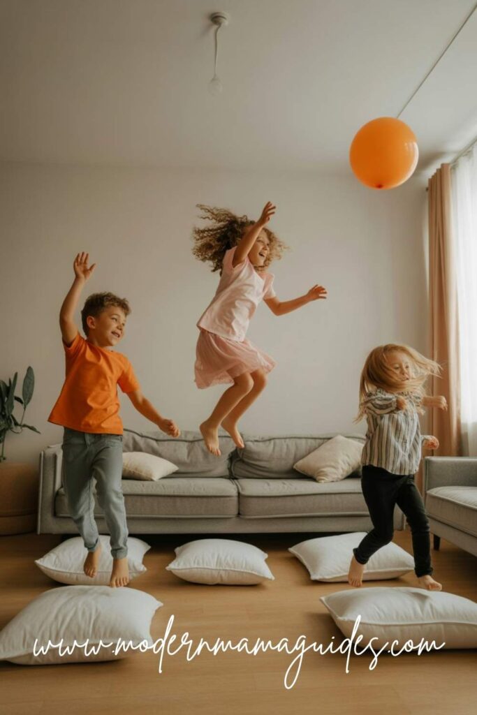 Children playing indoor obstacle course and balloon games to stay active with fun things to do with kids at home.