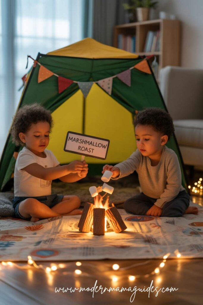 Indoor camping with tent and picnic for outdoor-inspired fun things to do with kids at home.