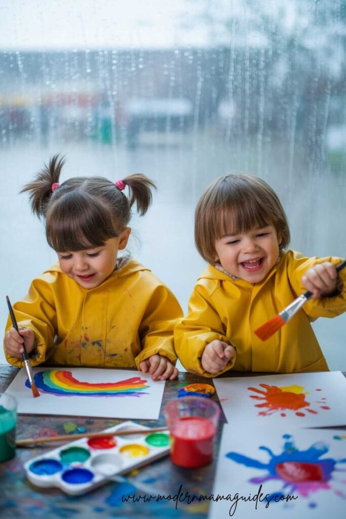Kids painting indoors on a rainy day as part of creative fun things to do with kids at home.