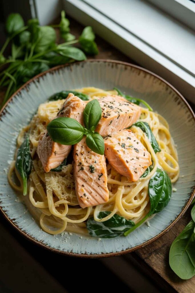 salmon and creamy pasta